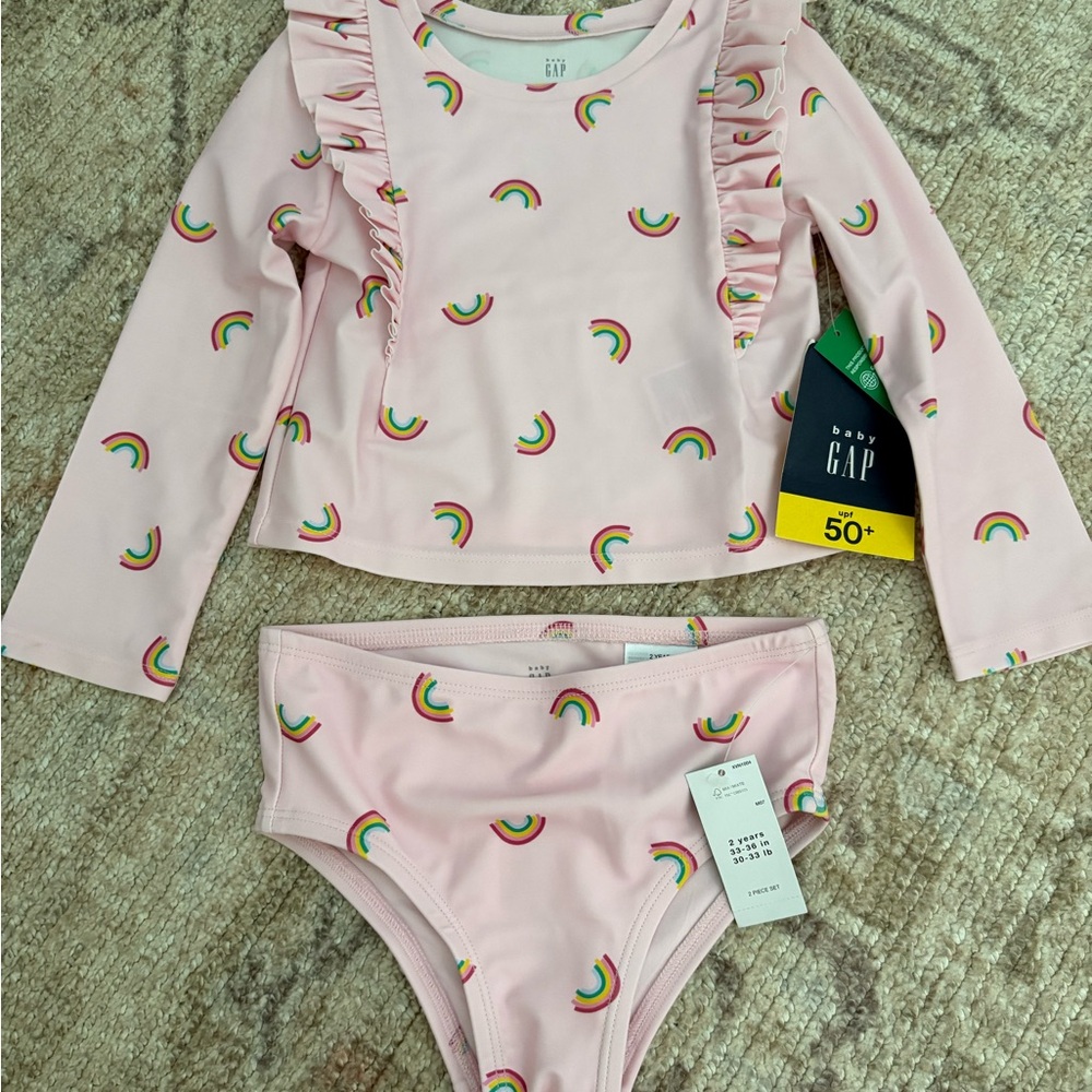GAP Pink Rashguard Swim Set with Rainbow Print